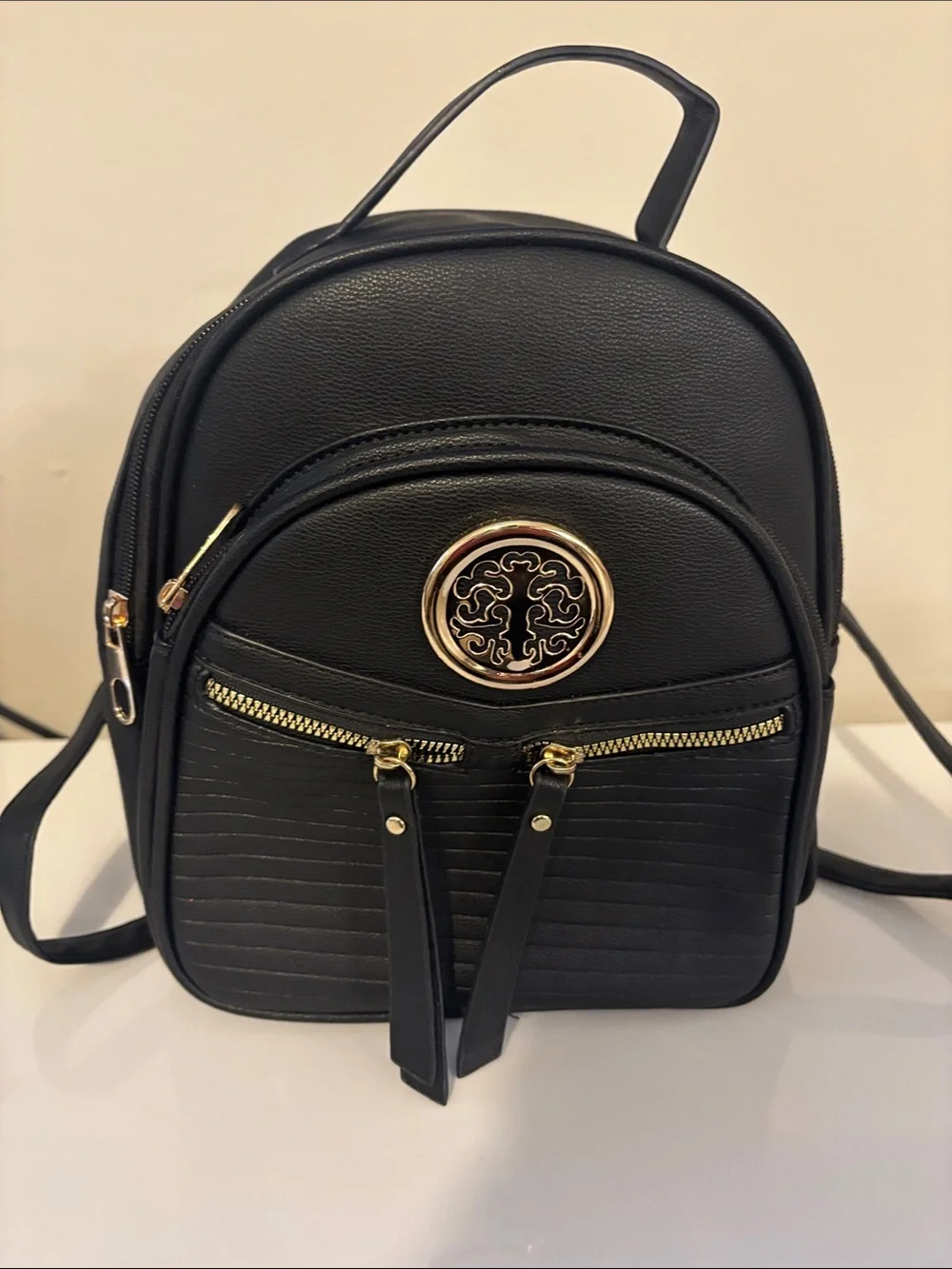 Black Women's Mini Backpack with Gold Accent